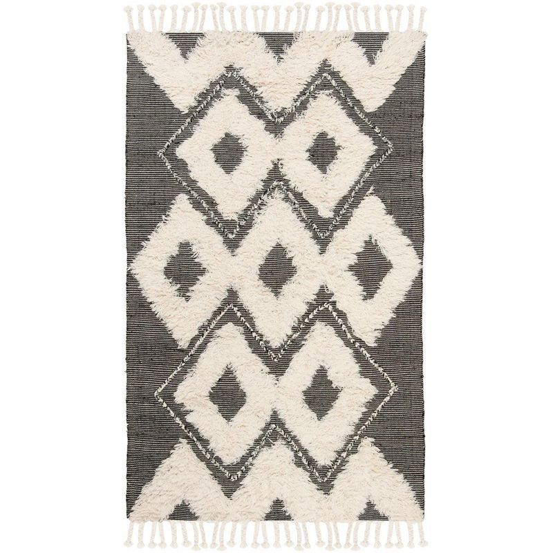 Hand-Knotted Black and Ivory Wool Geometric Runner Rug