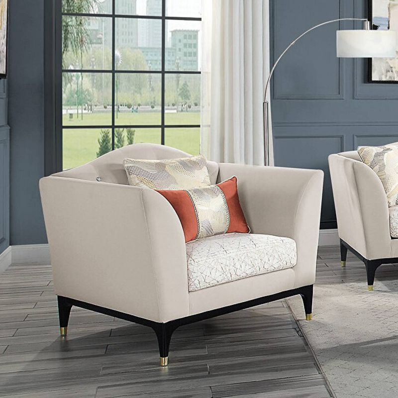 Tayden Beige Velvet Geometric Accent Chair with Black Base