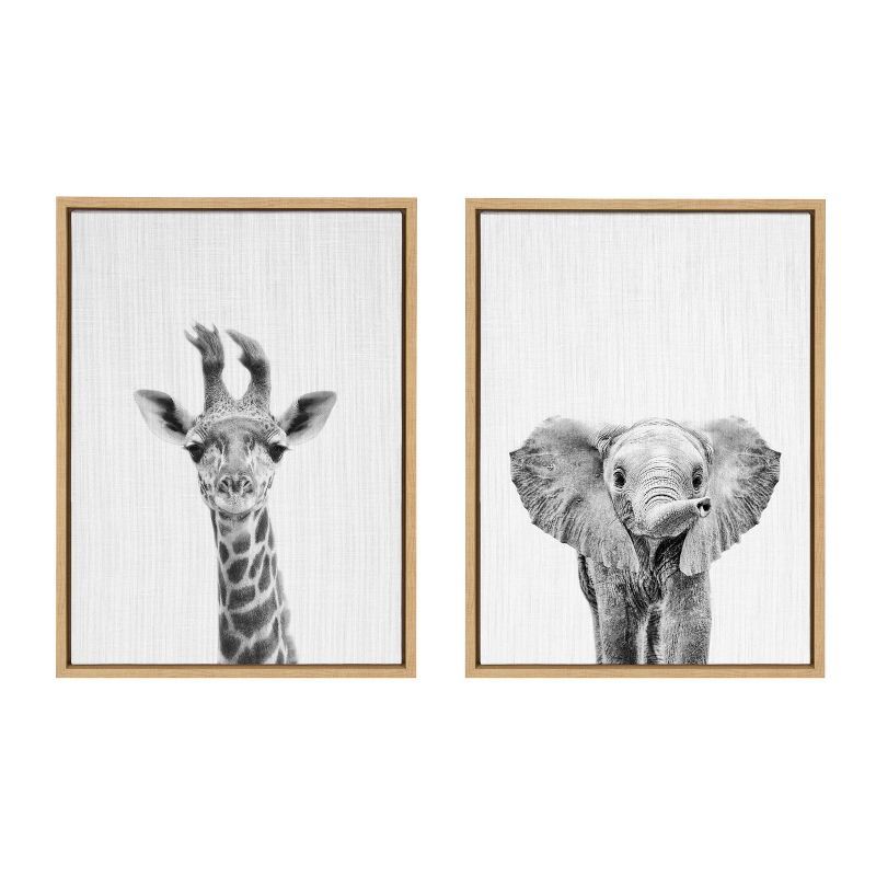 Set of 2 Baby Giraffe and Elephant Canvas Prints