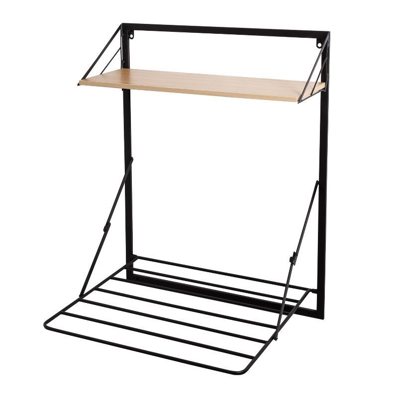 Black and Maple Wall-Mounted Folding Drying Rack with Shelf