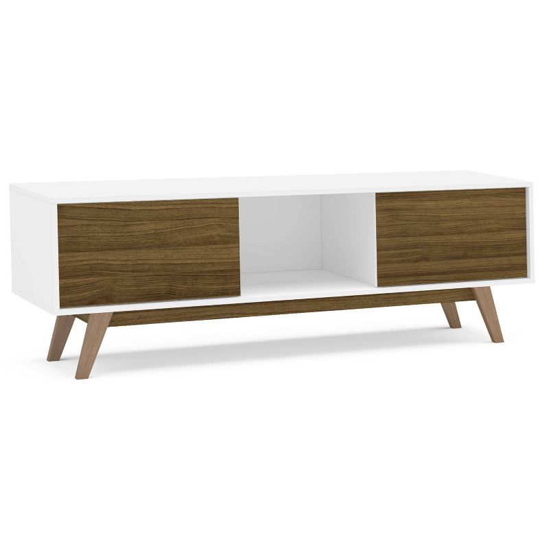 Sleek Dual-Tone White/Walnut TV Stand with Cabinet Storage