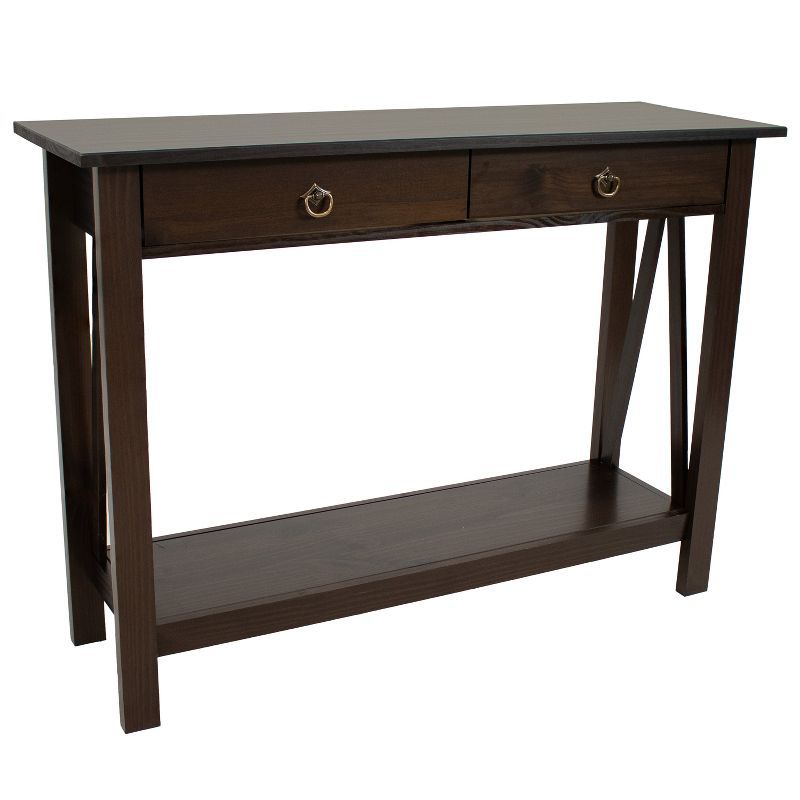 Sunnydaze Dark Brown Pine Wood Console Table with Drawers and Shelf