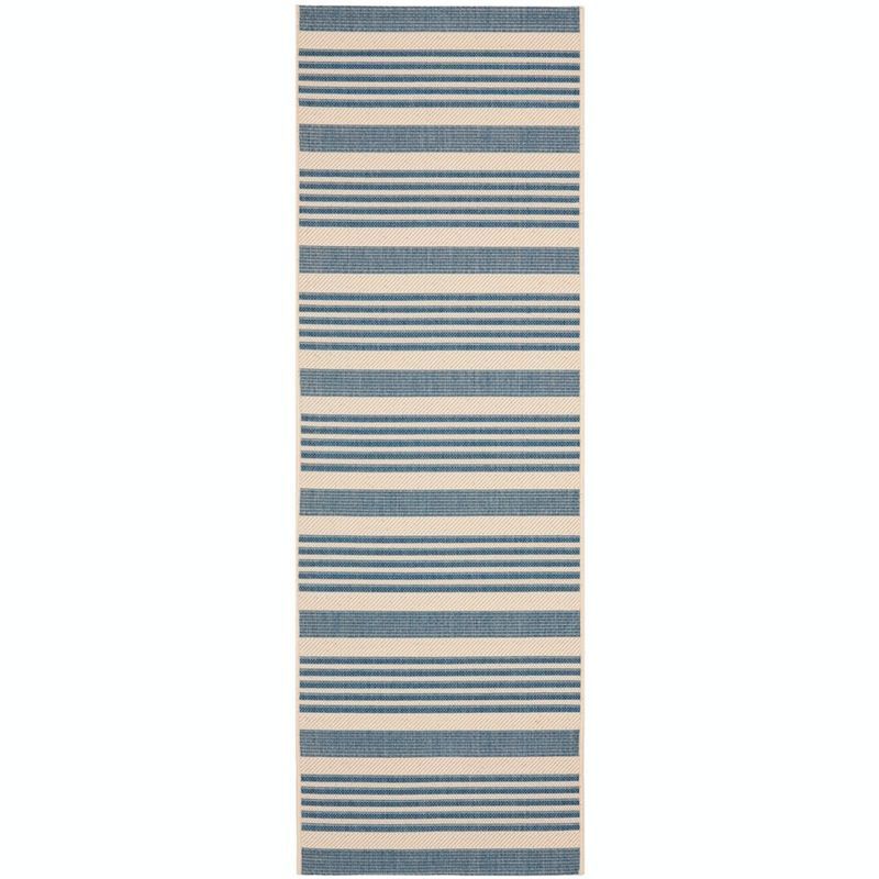 Beige & Blue Striped Synthetic Easy-Care Indoor/Outdoor Rug - 28" x 6"
