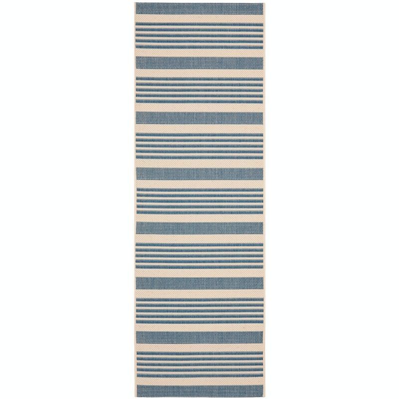 Beige & Blue Striped Easy-Care Synthetic Runner Rug, 2'3" x 10'