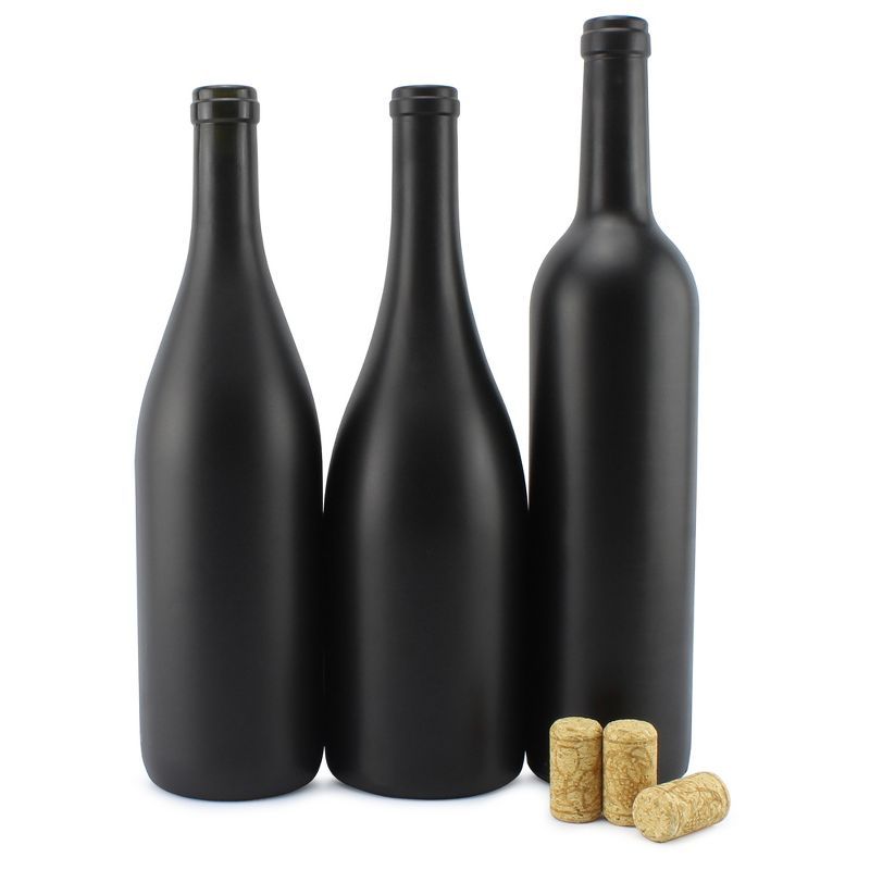 Cornucopia Black Matte Glass Wine Bottles with Corks, 3-Piece Set