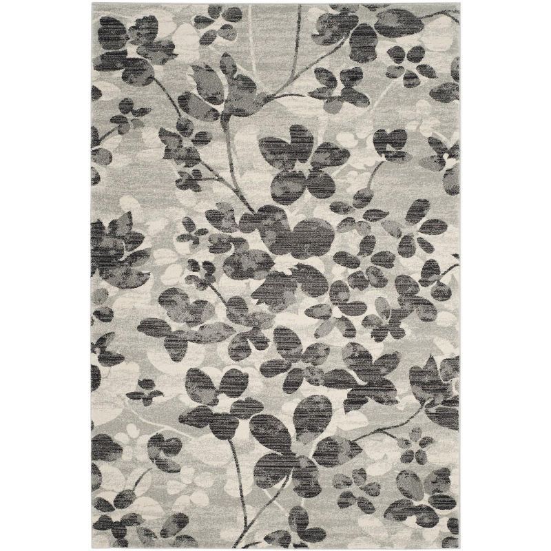 Grey and Black Floral Synthetic Rectangular Area Rug