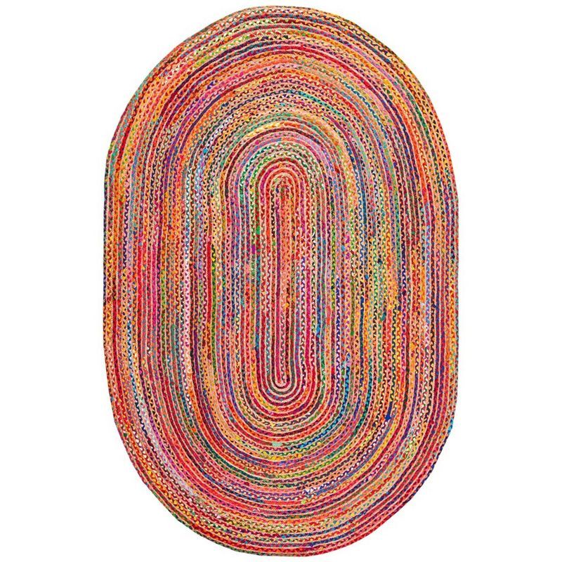 Handmade Red and Multicolor Braided Oval Wool Cotton Rug