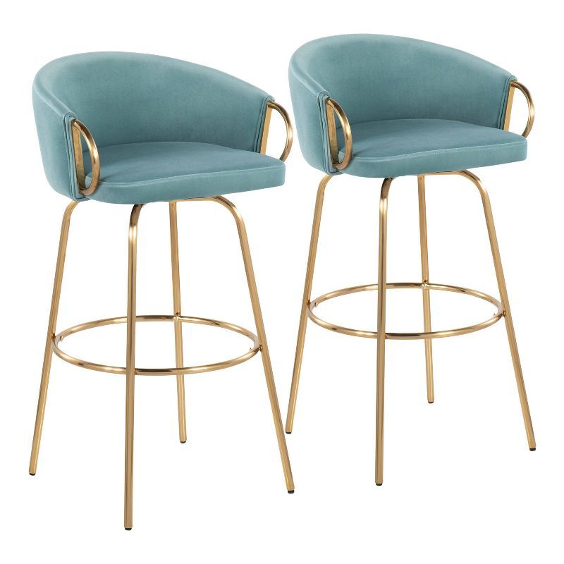 Claire Light Blue Velvet and Gold Metal Swivel Bar Stool