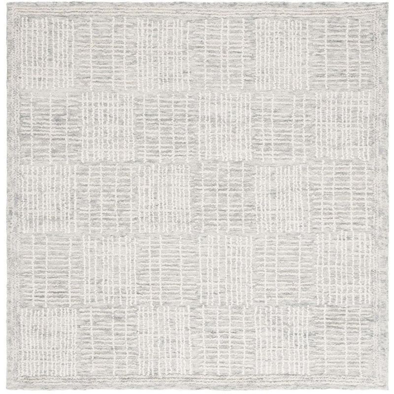 Grey and Ivory Handmade Wool Abstract Tufted Square Rug, 6' x 6'