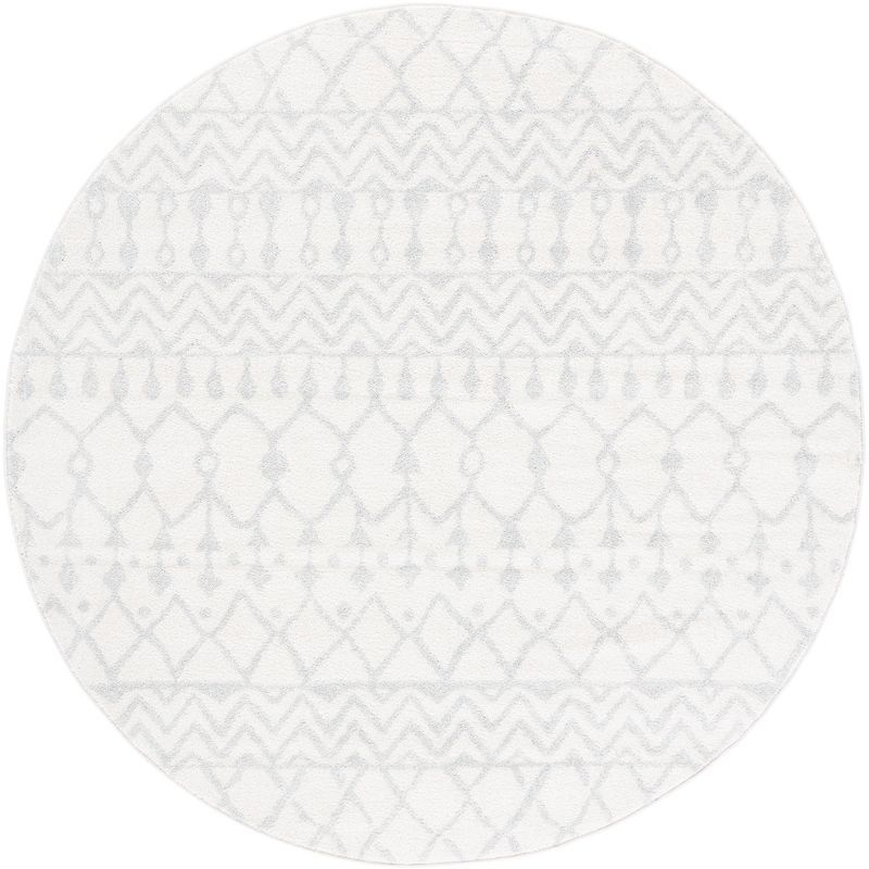 Ivory and Light Grey Hand-Knotted Round Synthetic Area Rug