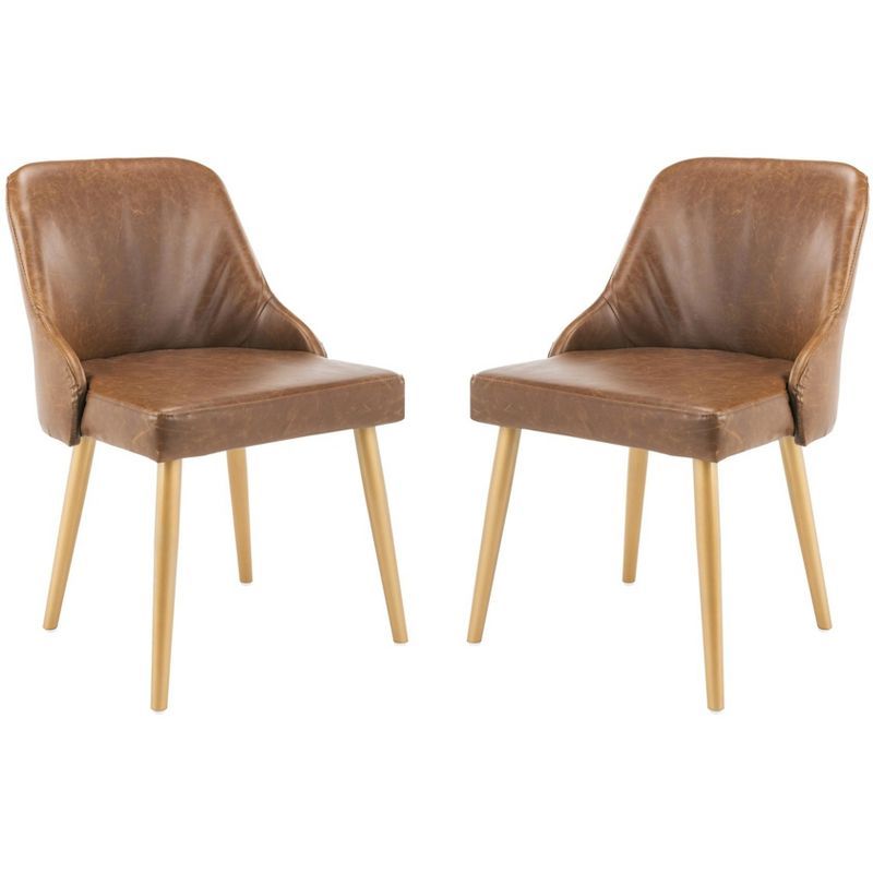 Lulu Transitional Parsons Side Chair in Brown Faux Leather with Gold Legs