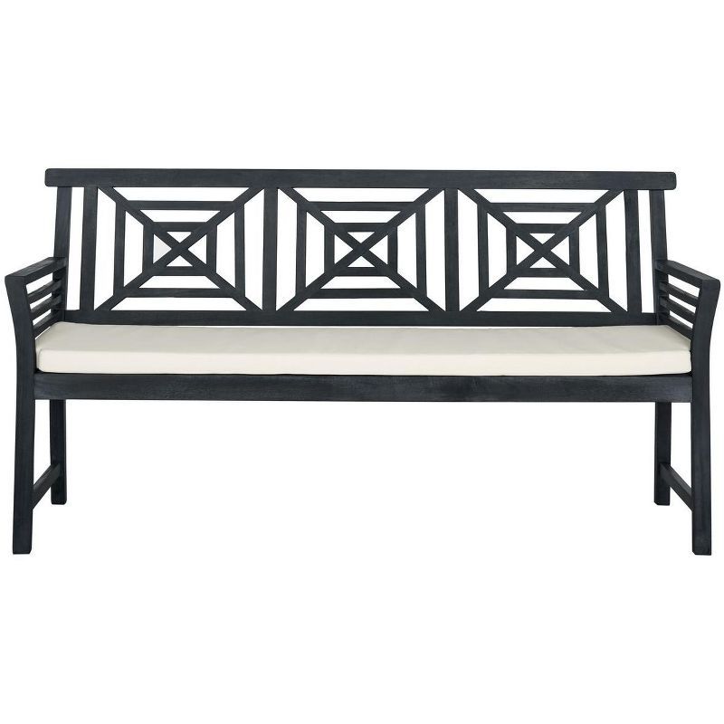 Ash Grey Acacia Wood 3-Seat Outdoor Bench with Beige Cushion