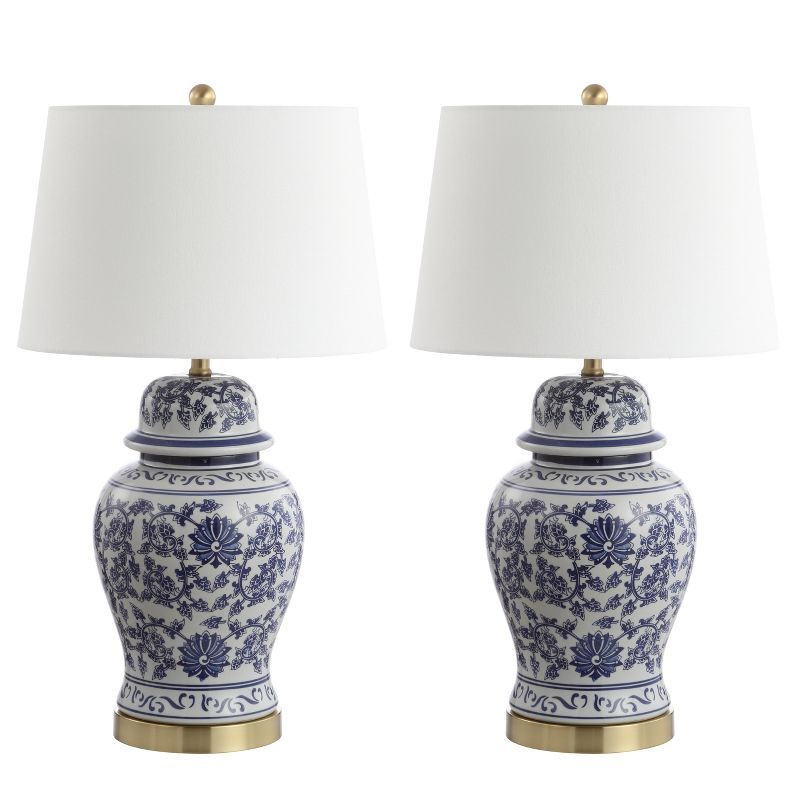 Elegant Arwen Blue and White Ceramic Table Lamp Set with Brass Accents