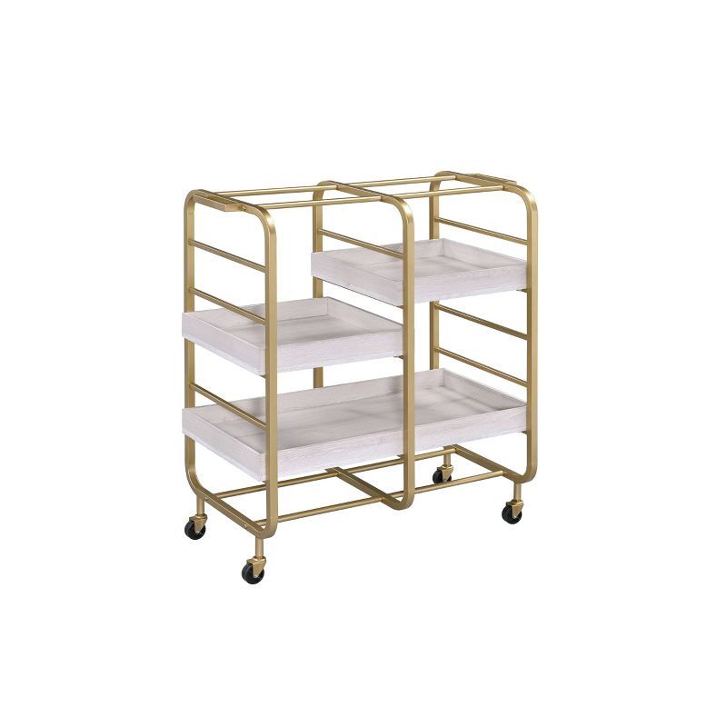 Vorrik Gold & White-Washed Industrial Serving Cart with Wooden Trays