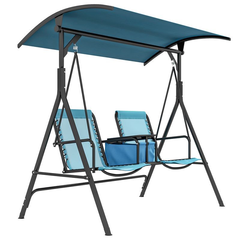 Blue 2-Person Outdoor Swing with Adjustable Canopy and Storage