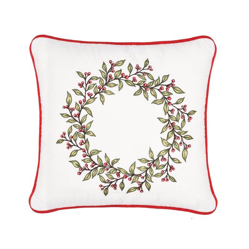 16" White Cotton Embroidered Christmas Pillow with Red Trim