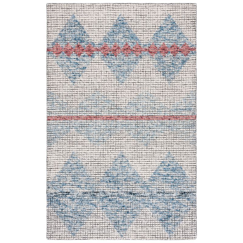 Ivory and Blue Abstract Handmade Wool 5' x 8' Area Rug