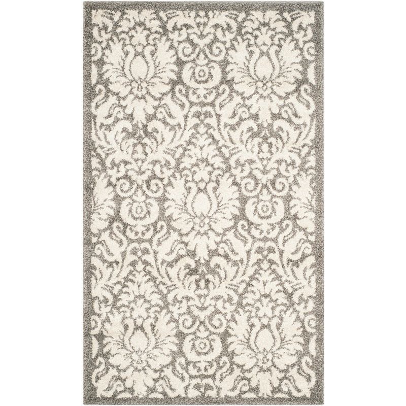 Gray and Beige Floral Synthetic Outdoor Area Rug