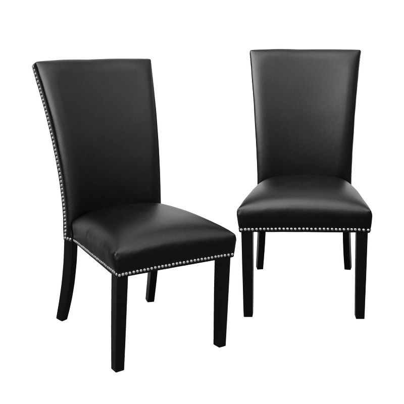 Camila Black Faux Leather Upholstered Side Chair Set with Silver Accents