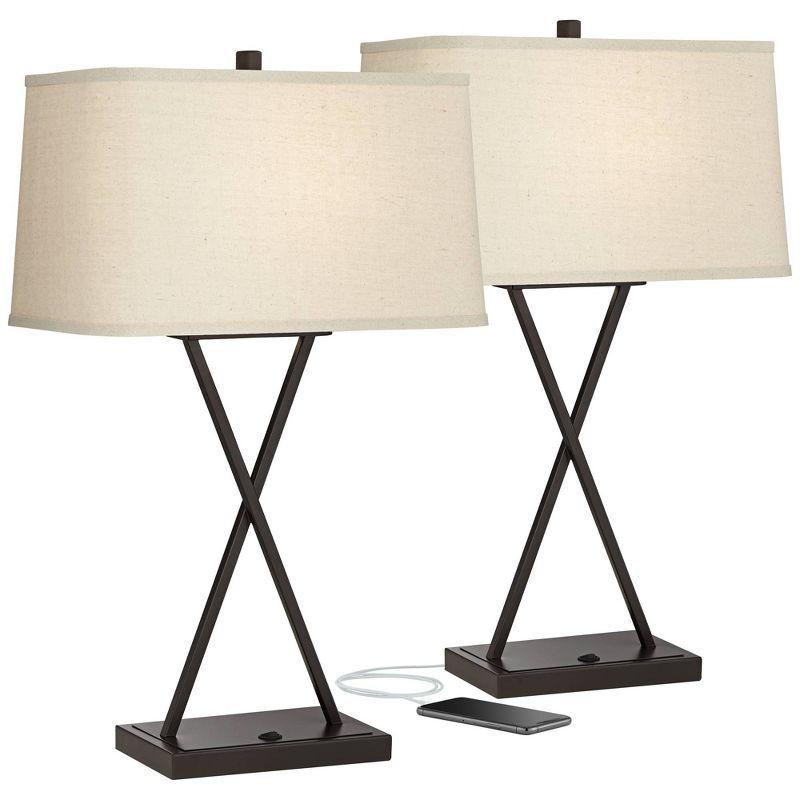 Megan Bronze Metal Table Lamps with USB and Fabric Shades, Set of 2