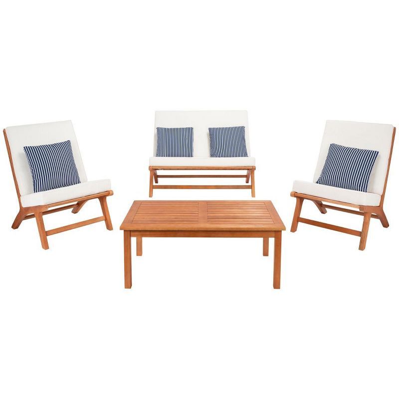 Natural Wood 4-Piece Patio Set with Beige Cushions and Navy Striped Pillows