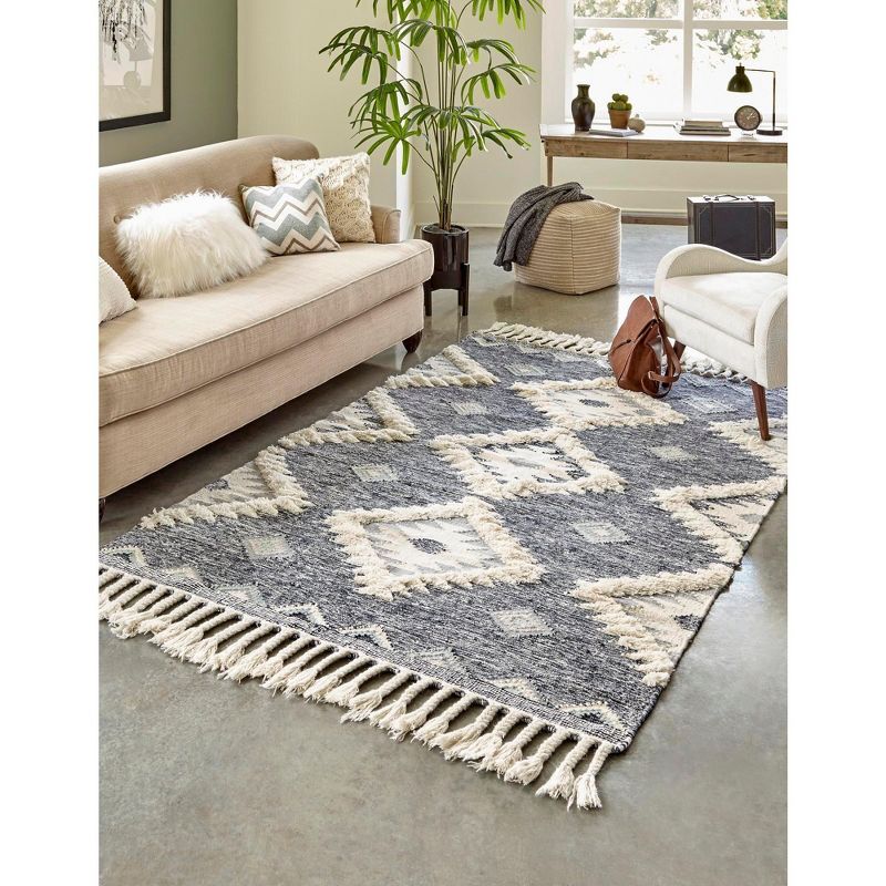 Dark Blue Geometric Wool 6x9 Area Rug with Fringe