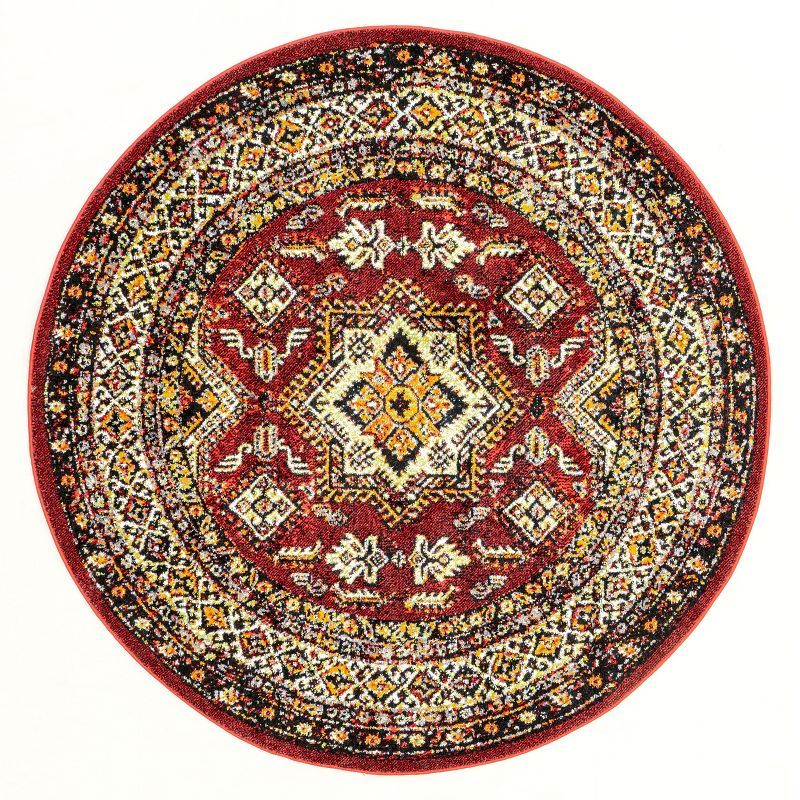 Round Red Synthetic Stain-Resistant Area Rug