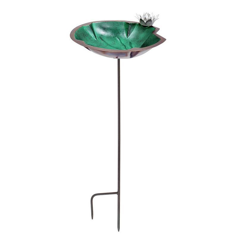 Green Patina Metal Lilypad Birdbath with Stake