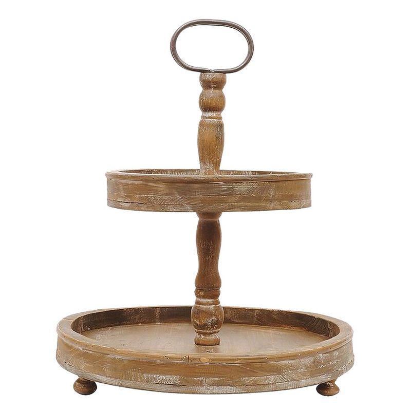 Rustic Brown Wood 2-Tier Round Tray with Metal Handle