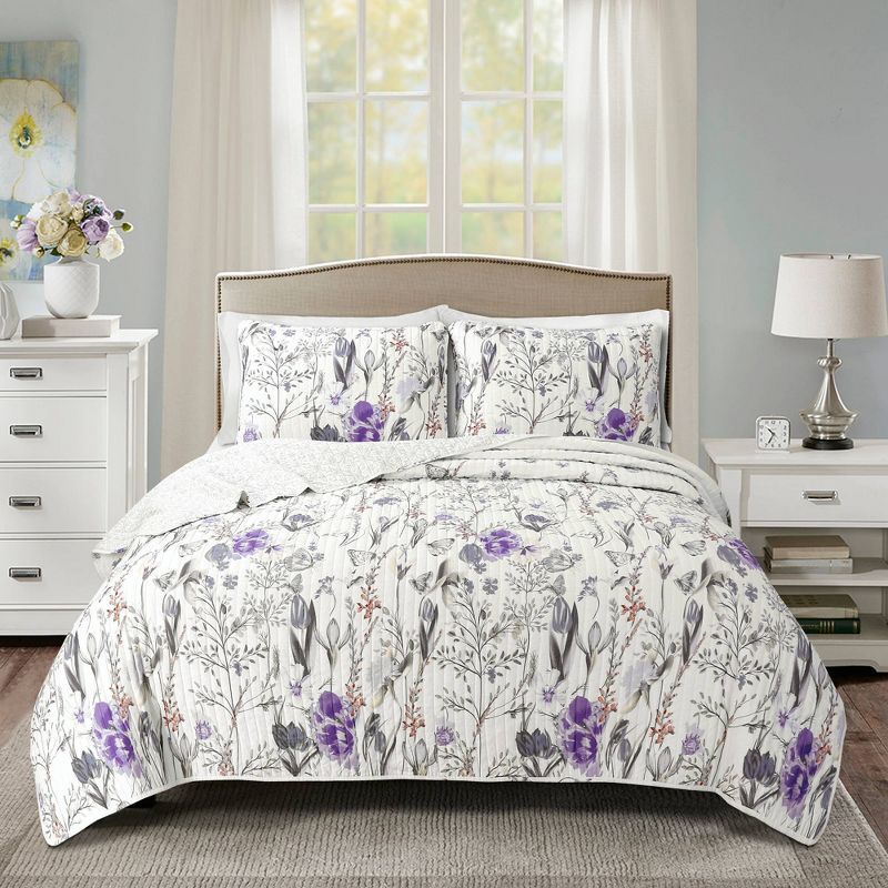 Adalia King Purple and Gray Floral Cotton Quilt Set