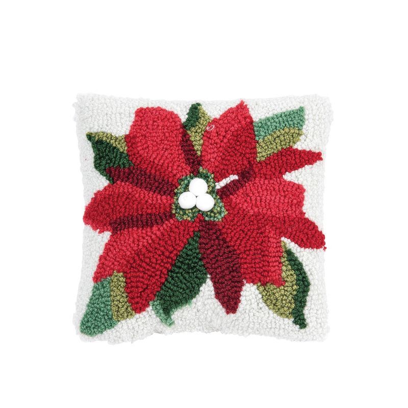 Small Red and Green Poinsettia Hooked Holiday Throw Pillow