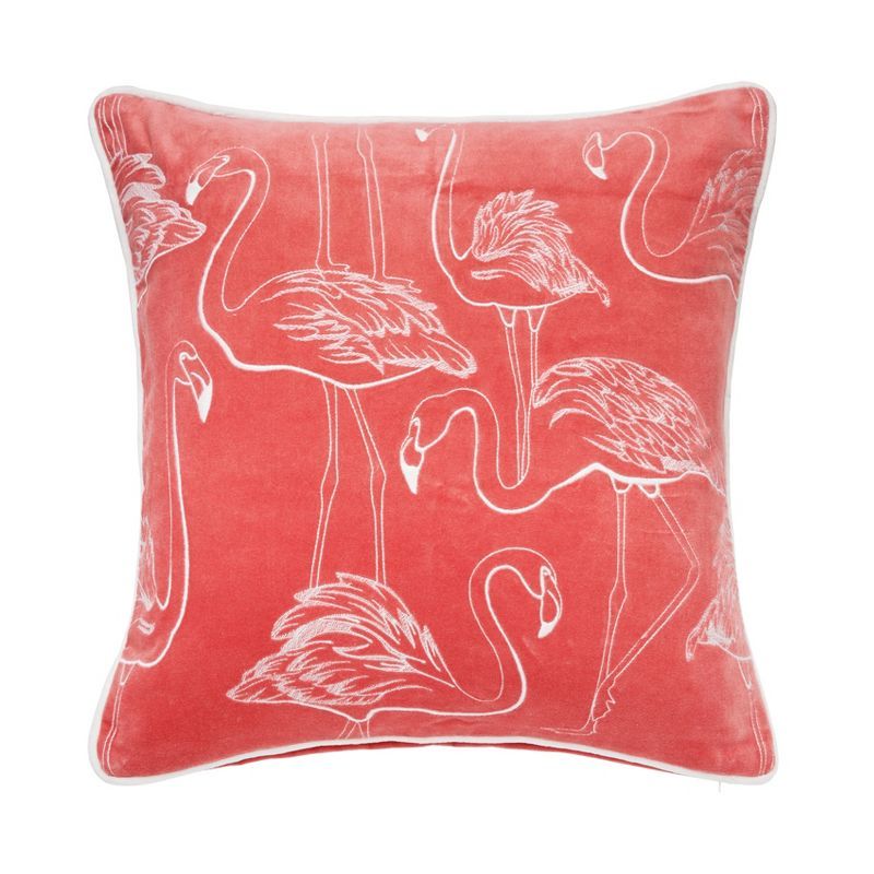 Coral Velvet Embroidered Flamingo Square Pillow