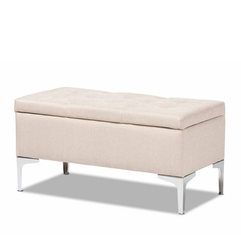 Beige Tufted Fabric Upholstered Storage Ottoman with Silver Metal Legs