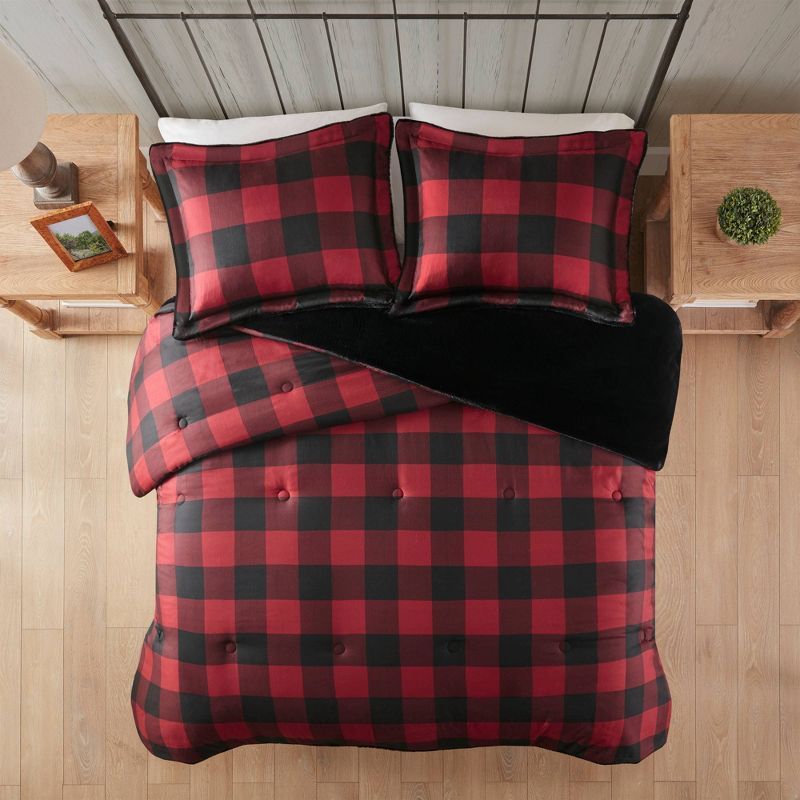 Full Red Buffalo Check Faux Fur Comforter Set