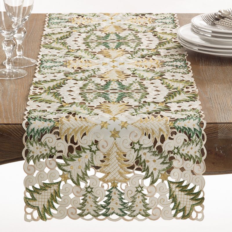 White and Gold Christmas Tree Cutwork Polyester Table Runner