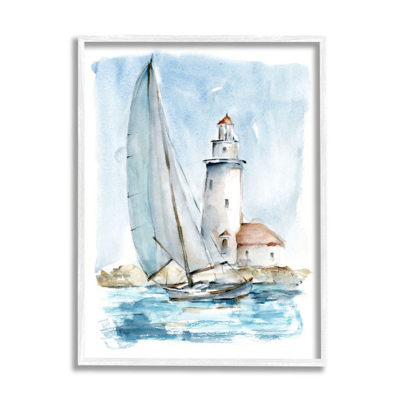 Nautical Sailboat and Lighthouse Print on Canvas with White Frame