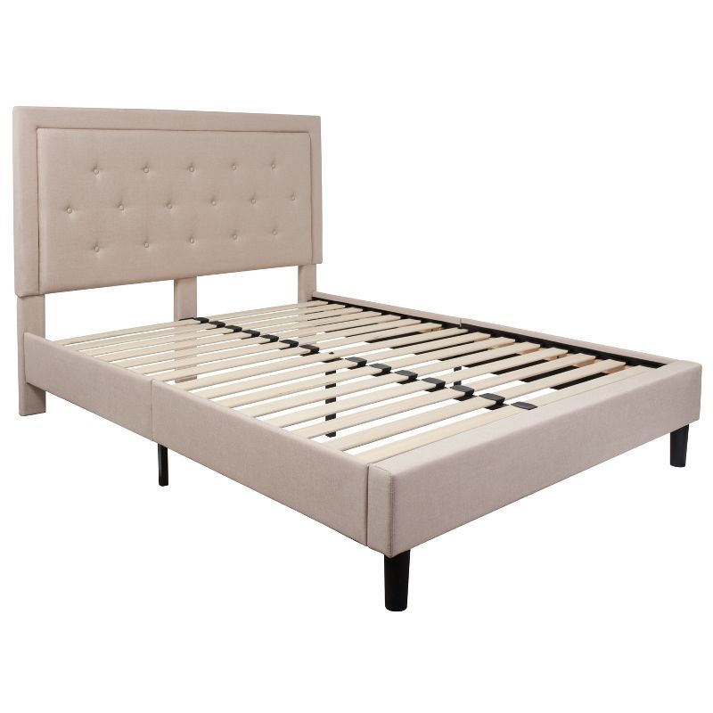 Beige Queen Size Tufted Upholstered Platform Bed with Slats