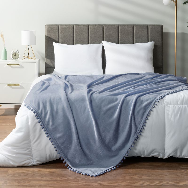 Cozy Dusty Blue Fleece Twin Throw with Pom Pom Fringe