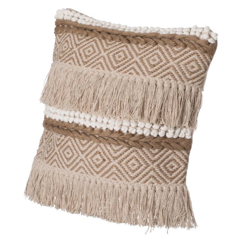 Natural Handwoven Cotton Throw Pillow with Fringed Pattern