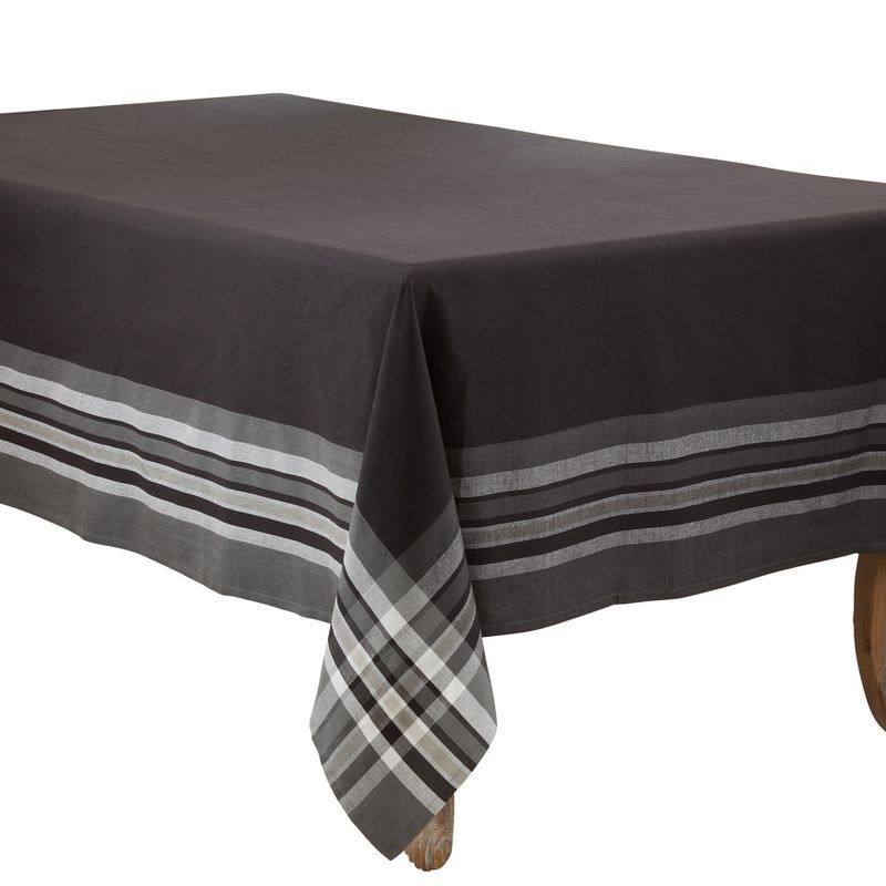 Gray Cotton Tablecloth with Striped Border, 70" x 120"