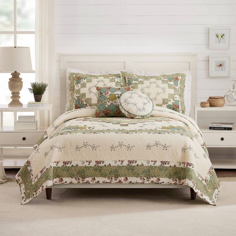 Olivia Green Floral Cotton Full Quilt Set