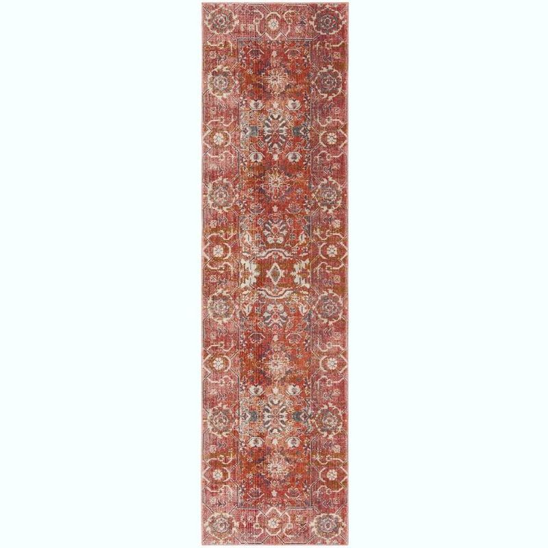 Red and Orange Floral Motif Bohemian Runner Rug