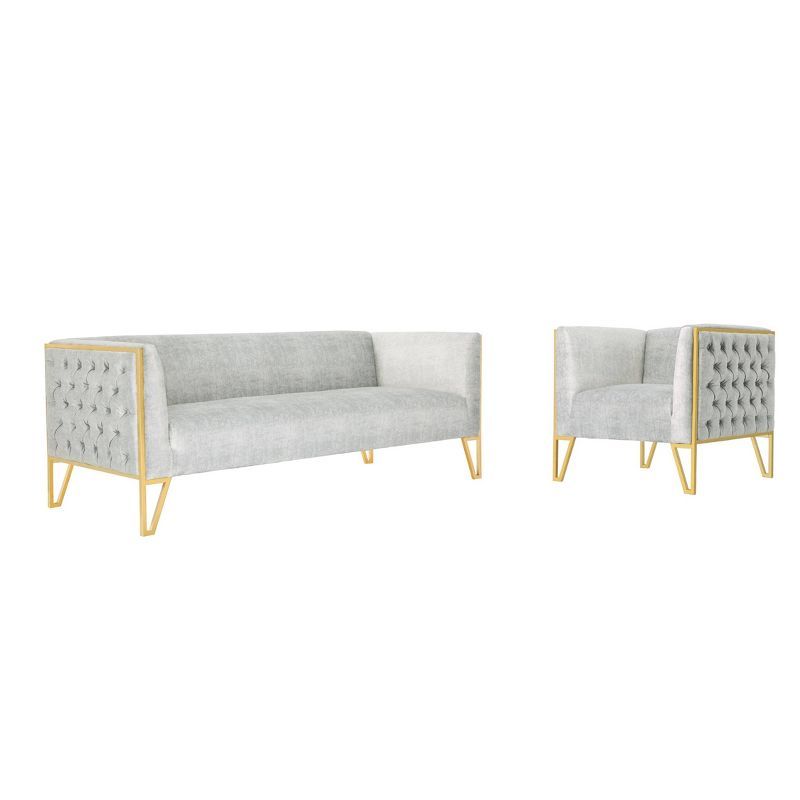 Gray Velvet Sofa and Armchair Set with Brass Frame