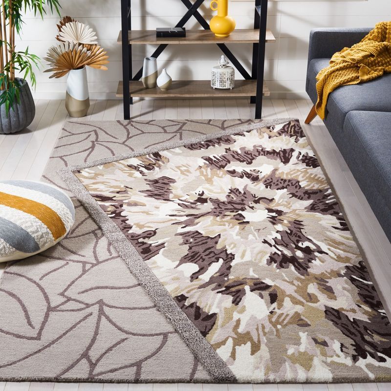 Art Deco Handmade Tufted Wool Square Rug in Beige and Brown