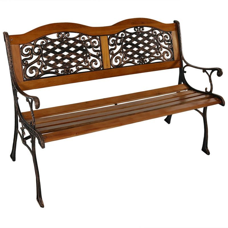 Sunnydaze 49" Black Cast Iron and Wood Outdoor Bench