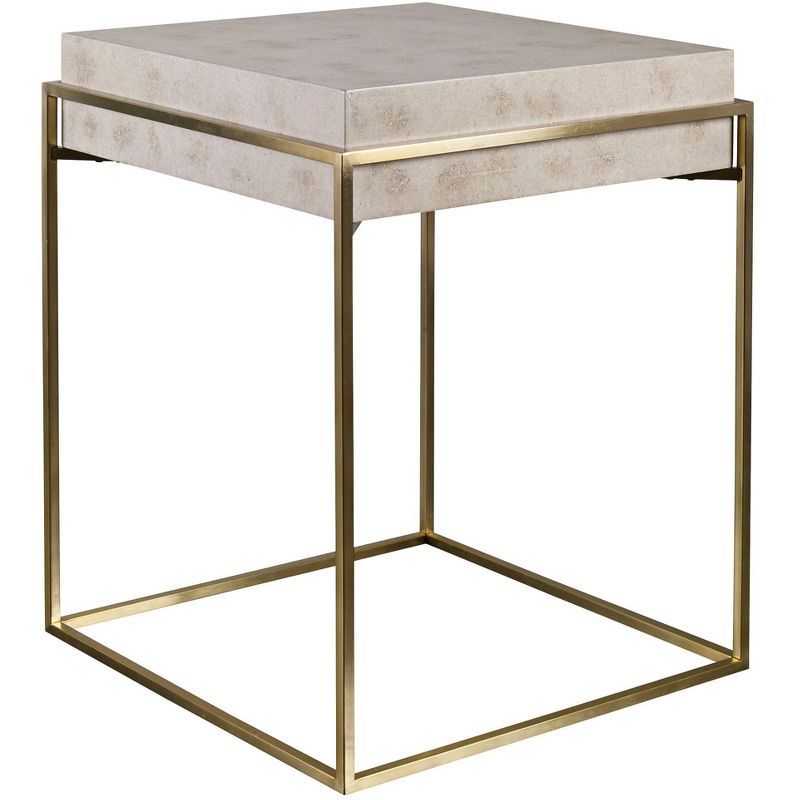 Inda 19" Square Gold and Ivory Wood Metal Accent Table