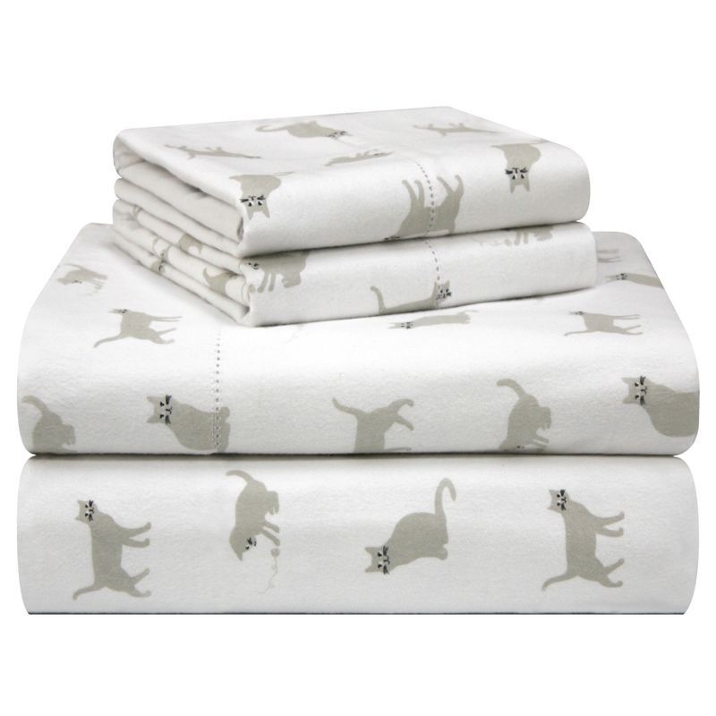 Twin White Cotton Flannel Sheet Set with Cat Print