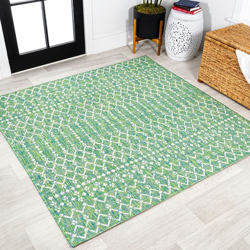 Moroccan Tribal Geometric 5' Square Green & Ivory Indoor/Outdoor Rug