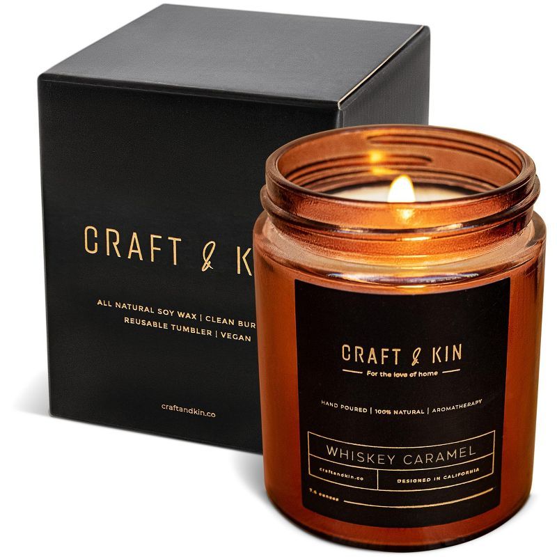 Amber Glass Jar Whiskey Caramel Scented Soy Candle