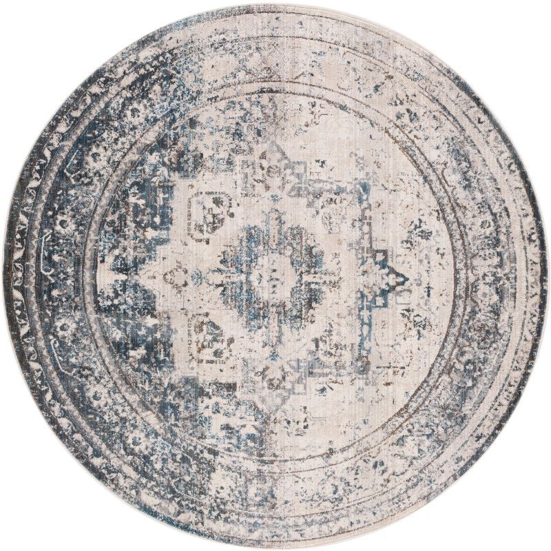 Ivory and Blue Round Vintage Persian Synthetic Area Rug